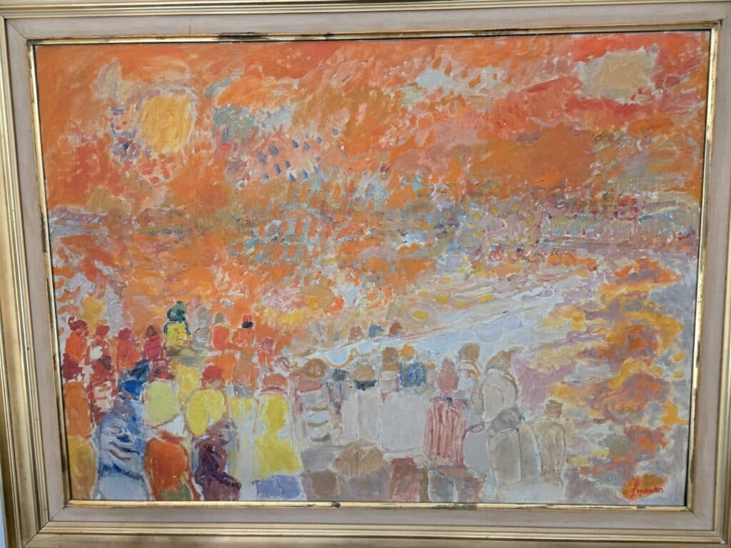 Stima dell’opera maestosa ‘Soleil sur l’étang de Thau’ dipinta a olio su tela dall’artista rinomato Jean Fusaro nel 1963