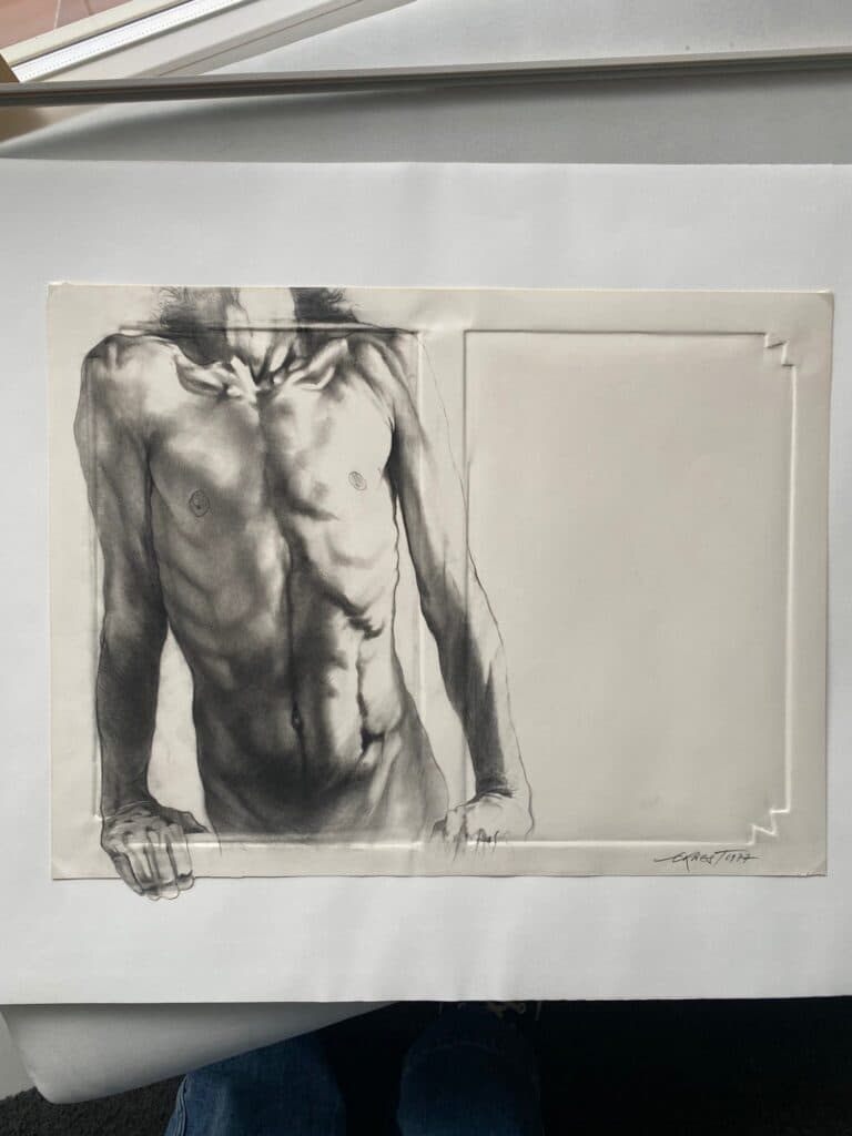 Stima dell’opera d’arte: Disegno dettagliato del torso maschile nudo dell’artista Ernest Pignon-Ernest datato 1977